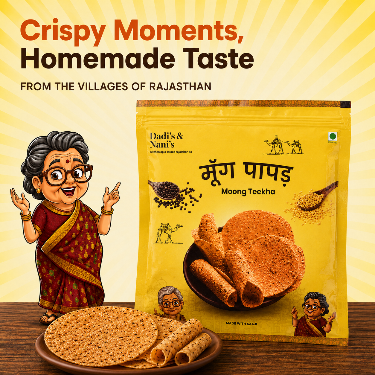 Premium Moong Special Teekha Papad | Zero Size | Traditional Handmade Papad | Made with Natural Moong Dal | 400 Gms